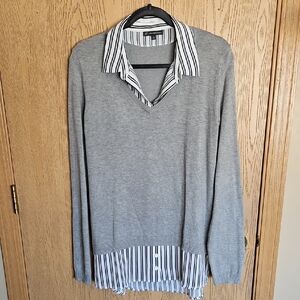 Adrianna Papell Gray V-Neck Sweater with Striped Detail